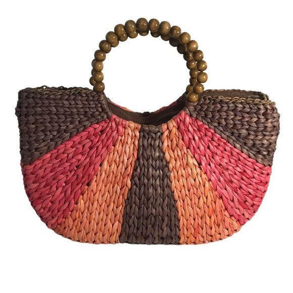 Giannetti Woven Handbag Cornhusk Wooden Beaded Handles Multicolor Stripes Lined - Picture 1 of 11